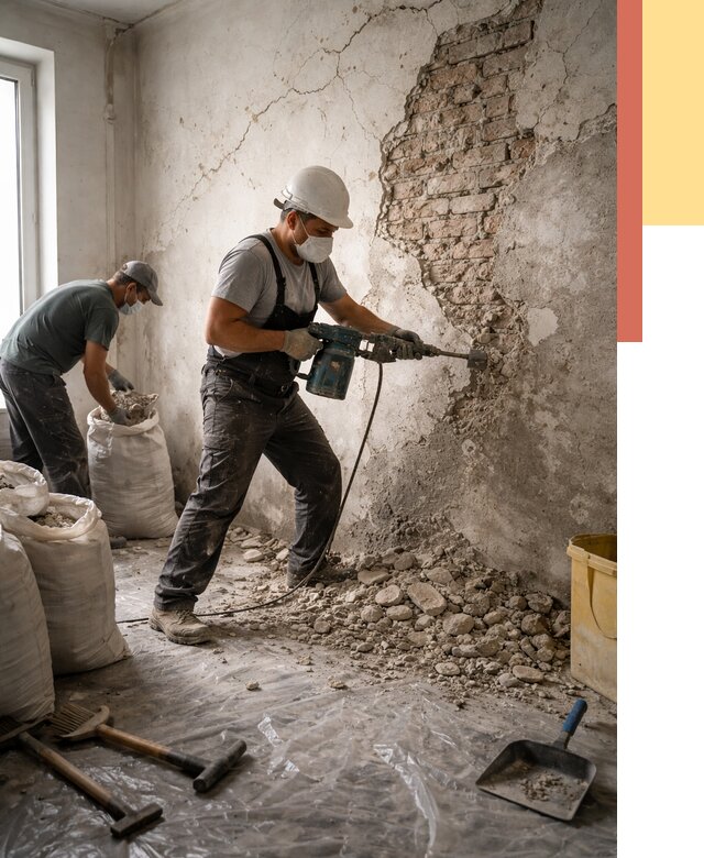 Демонтаж штукатурки со стен в Качканаре от 7382 руб/м² — быстро и недорого | ОТДЕЛОЧНИК-Кчк