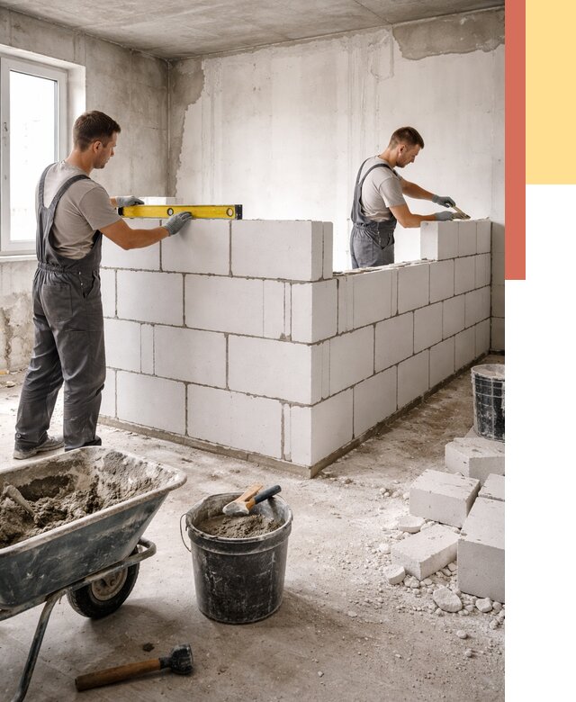 Кладка перегородок из ПГП в Качканаре от 2563 руб./м2 — монтаж и возведение под ключ | ОТДЕЛОЧНИК-Кчк