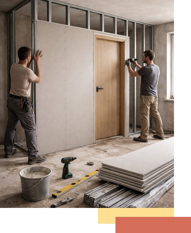 Перегородка из гипсокартона с дверью под ключ в Качканаре