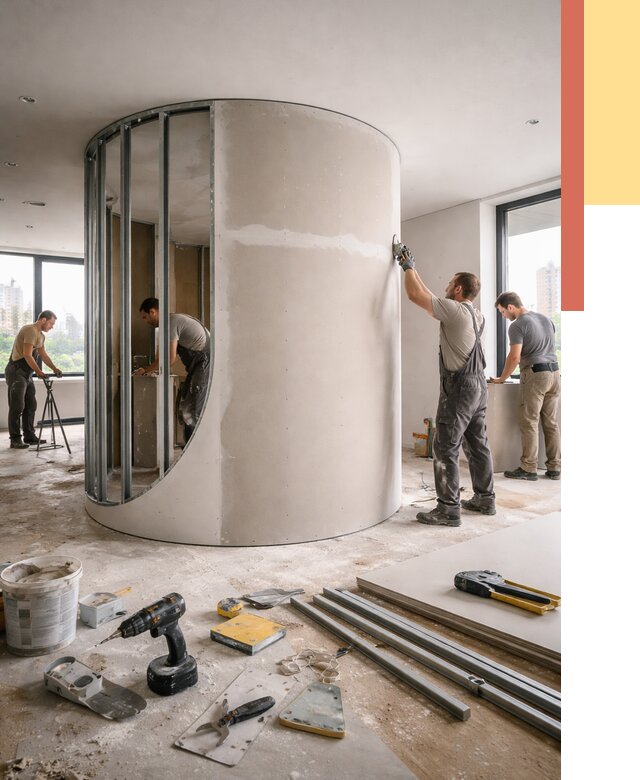 Радиусная перегородка из гипсокартона в Качканаре от 2973 руб. под ключ | ОТДЕЛОЧНИК-Кчк