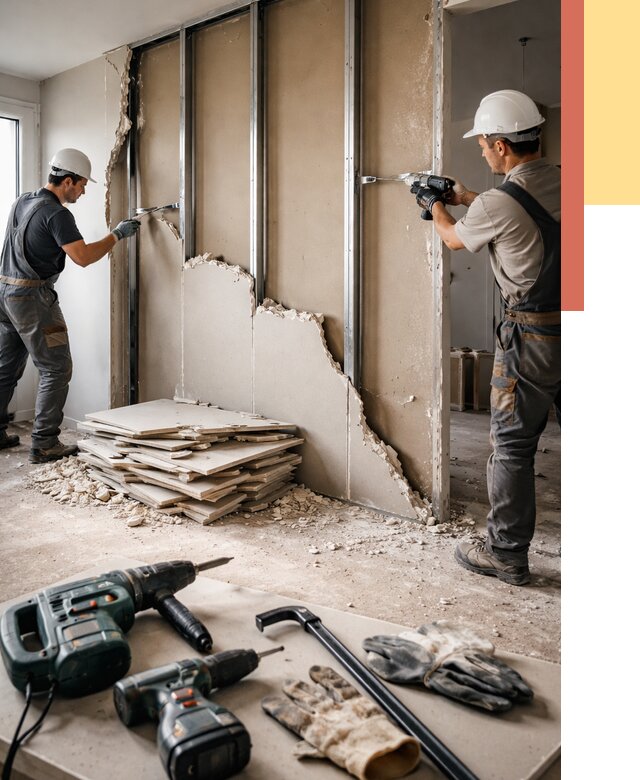Демонтаж перегородки из гипсокартона в Качканаре от 1230 руб. быстро и недорого | ОТДЕЛОЧНИК-Кчк