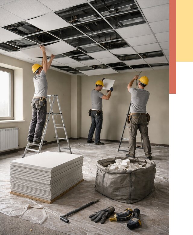 Демонтаж потолка Армстронг в Качканаре от 4614 руб. быстро и недорого | ОТДЕЛОЧНИК-Кчк