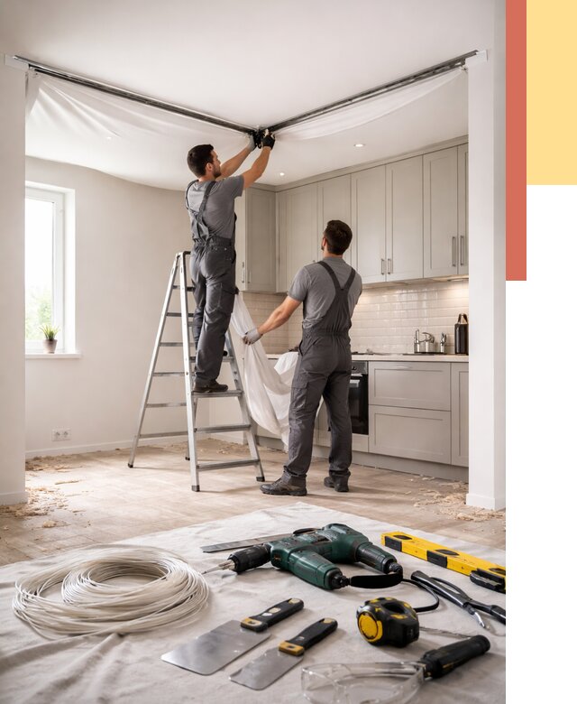 Установка натяжного потолка на кухне в Качканаре от 2461 руб. | ОТДЕЛОЧНИК-Кчк