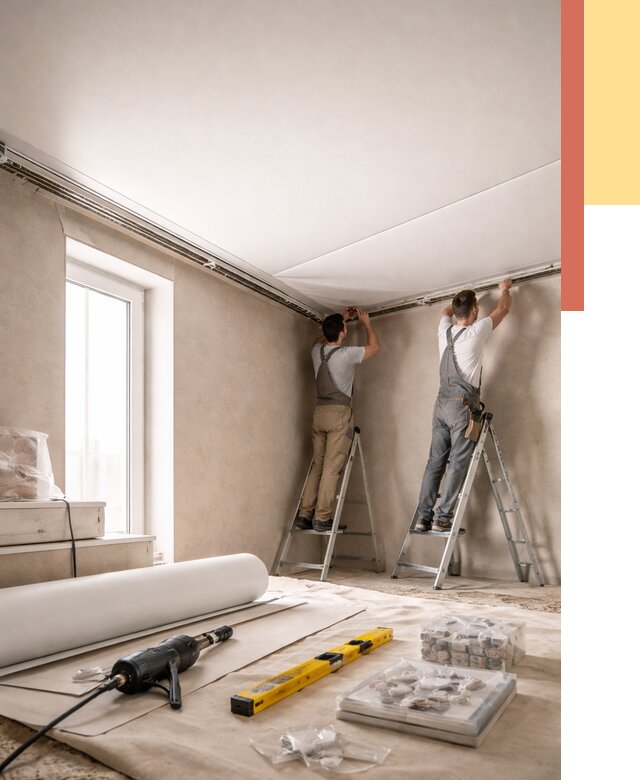 Монтаж натяжного потолка в спальне в Качканаре от 3896 руб. под ключ | ОТДЕЛОЧНИК-Кчк