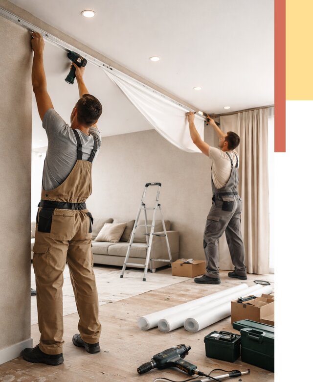 Монтаж натяжного потолка в гостиной в Качканаре от 564 руб. | ОТДЕЛОЧНИК-Кчк