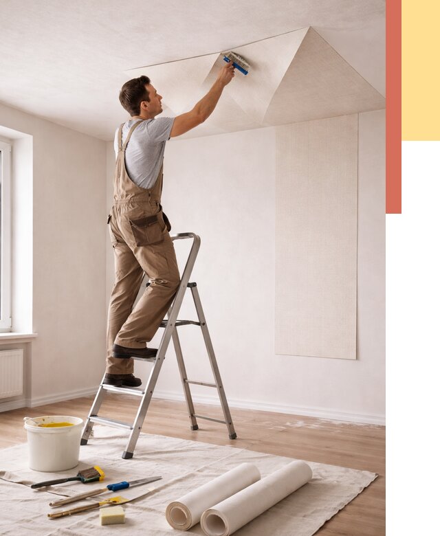 Поклейка обоев на потолок в Качканаре от 4614 руб. быстро и недорого | ОТДЕЛОЧНИК-Кчк